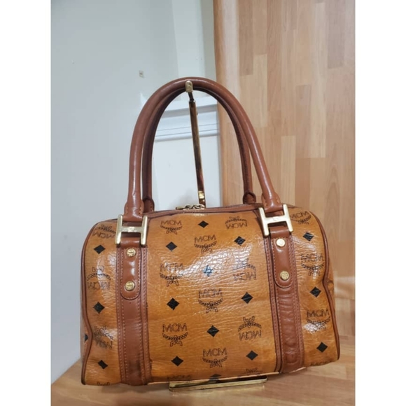 Authentic MCM Cognac Visetos Leather Boston Bag - Picture 6 of 11
